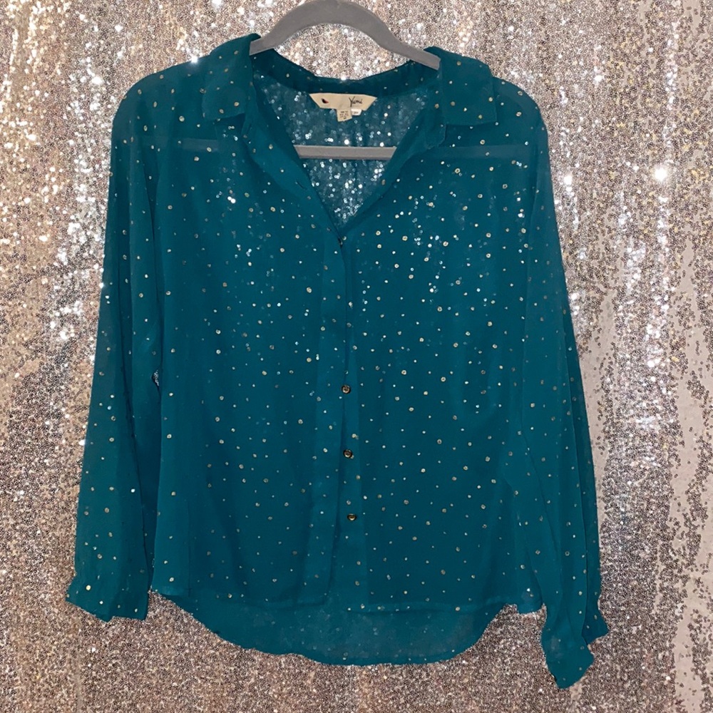 Yumi Sheer Golden Polka Dot Button Down Blouse